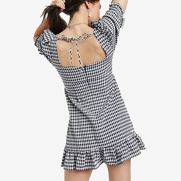 Topshop Dress Gingham Check Cut Out Back and Front Puff Sleeves Shirring NWOT - Picture 8 of 16